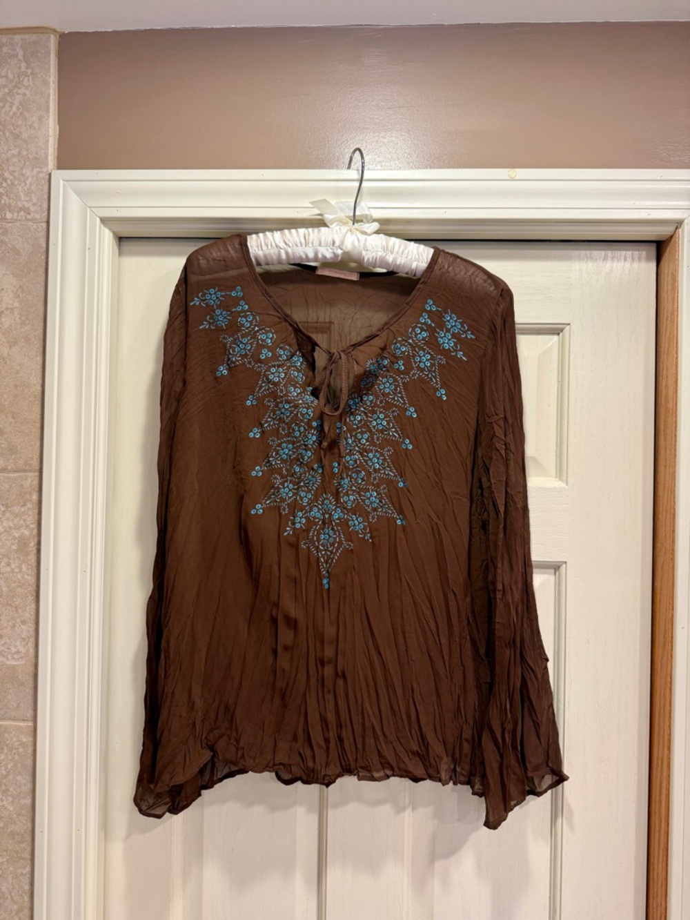 Forever 21 Brown Crinkle-Look Peasant Blouse with Turquoise Floral Embroidery